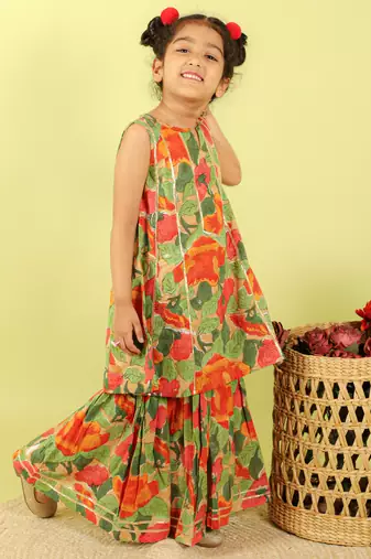Green printed cotton sharara with kurta