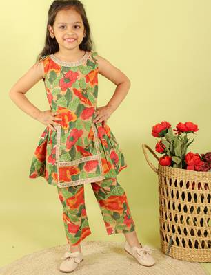 Green printed cotton kurti set 1