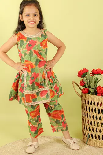 Green printed cotton kurti set