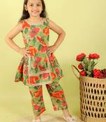 Green printed cotton kurti set