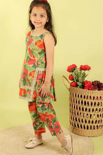 Green printed cotton kurti set