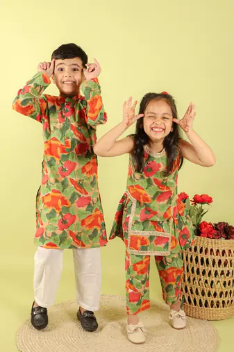 Green printed cotton kurti set