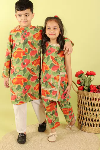 Green printed cotton kurti set
