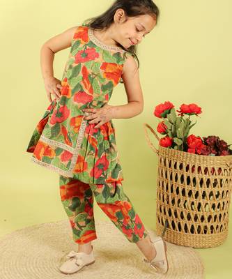 Green printed cotton kurti set 5