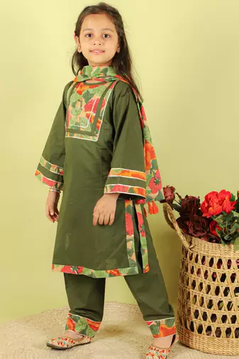 Green printed cotton kurti set