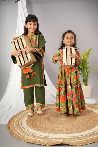 Green printed cotton kurti set