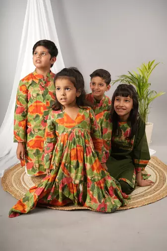 Green printed cotton kurti set