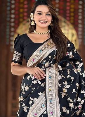 Black Color Banarasi Silk Meenakari Design Saree 1