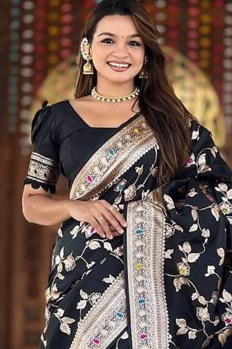 Black Color Banarasi Silk Meenakari Design Saree