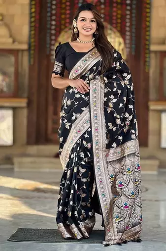 Black Color Banarasi Silk Meenakari Design Saree