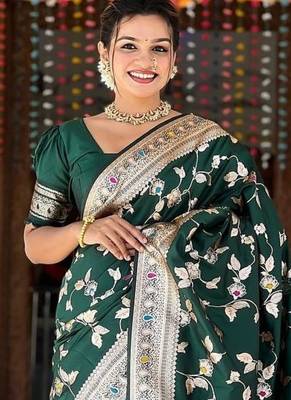 Dark Green Color Banarasi Silk Meenakari Design Saree 1