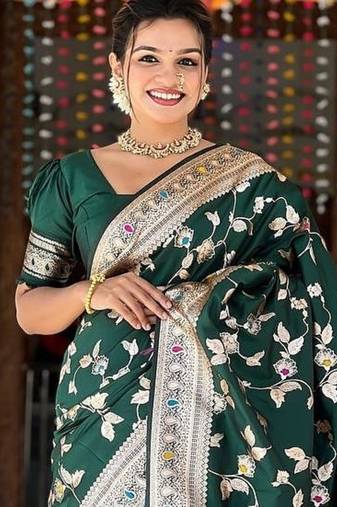 Dark Green Color Banarasi Silk Meenakari Design Saree