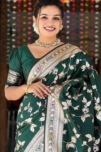 Dark Green Color Banarasi Silk Meenakari Design Saree