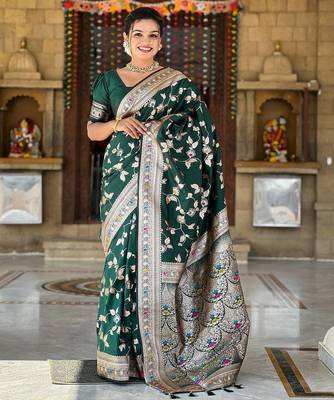 Dark Green Color Banarasi Silk Meenakari Design Saree 2