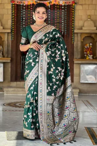 Dark Green Color Banarasi Silk Meenakari Design Saree