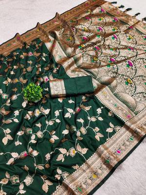 Dark Green Color Banarasi Silk Meenakari Design Saree 3