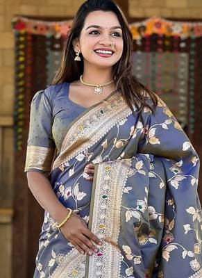 Grey Color Banarasi Silk Meenakari Design Saree 1