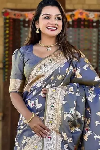 Grey Color Banarasi Silk Meenakari Design Saree