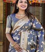 Grey Color Banarasi Silk Meenakari Design Saree