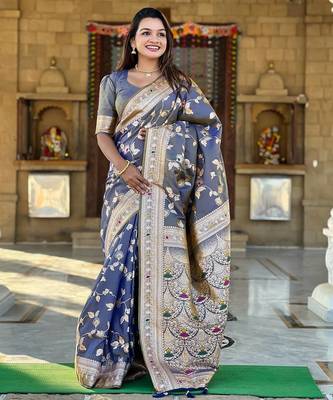 Grey Color Banarasi Silk Meenakari Design Saree 2