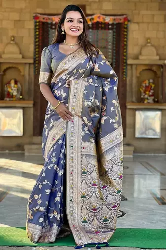 Grey Color Banarasi Silk Meenakari Design Saree