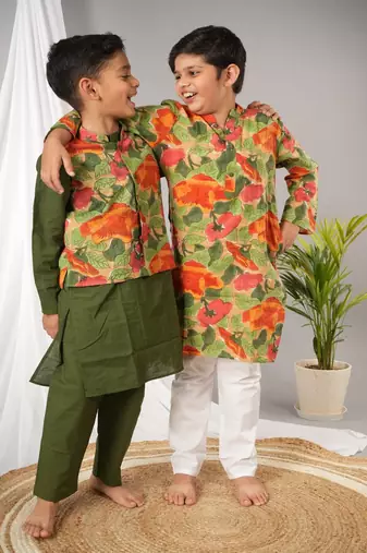 Green printed cotton nehru jacket set