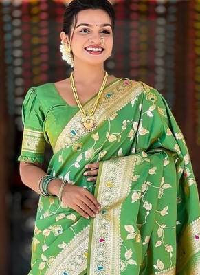 Light Green Color Banarasi Silk Meenakari Design Saree 1