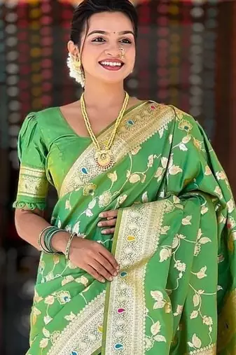 Light Green Color Banarasi Silk Meenakari Design Saree