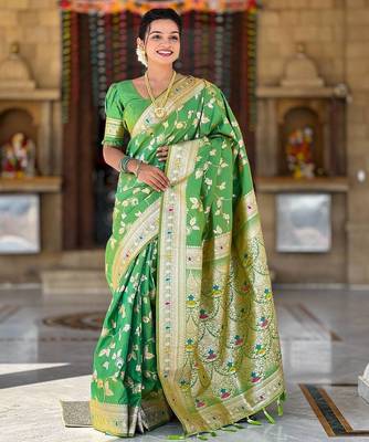 Light Green Color Banarasi Silk Meenakari Design Saree 2