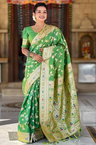 Light Green Color Banarasi Silk Meenakari Design Saree
