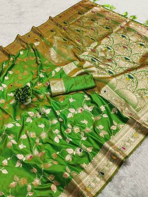 Light Green Color Banarasi Silk Meenakari Design Saree 3