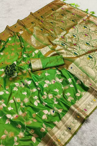 Light Green Color Banarasi Silk Meenakari Design Saree