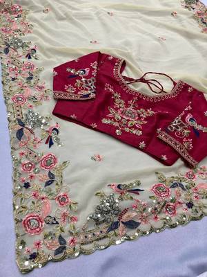 Off white Party Wear Georget Embroidered Saree 1
