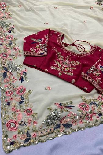 Off white  Party Wear Georget  Embroidered Saree