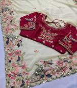 Off white  Party Wear Georget  Embroidered Saree