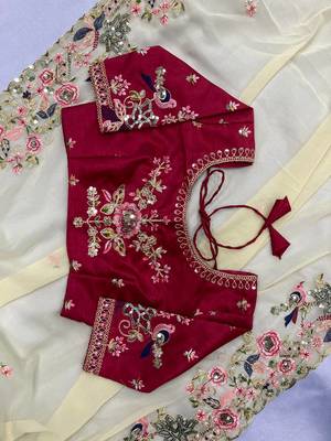Off white Party Wear Georget Embroidered Saree 3