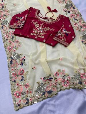 Off white Party Wear Georget Embroidered Saree 5