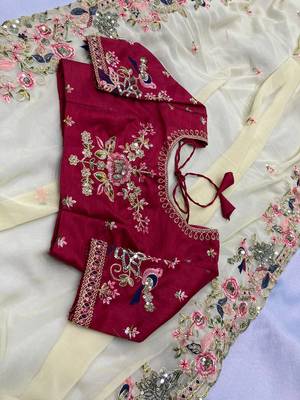 Off white Party Wear Georget Embroidered Saree 6