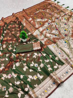 Mehndi Green Color Banarasi Silk Meenakari Design Saree 1
