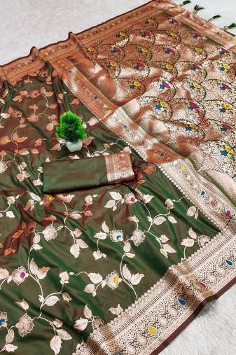 Mehndi Green Color Banarasi Silk Meenakari Design Saree