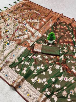 Mehndi Green Color Banarasi Silk Meenakari Design Saree 3