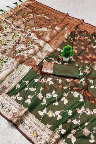 Mehndi Green Color Banarasi Silk Meenakari Design Saree