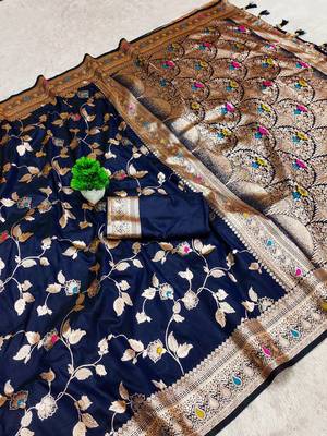 Navy Blue Color Banarasi Silk Meenakari Design Saree 1