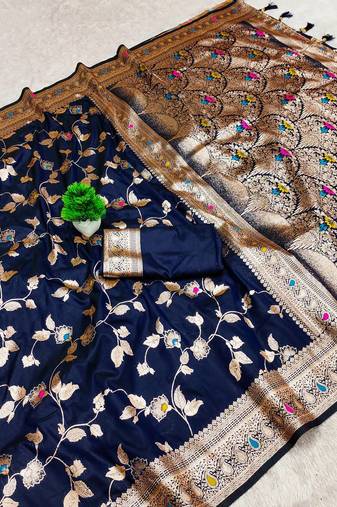 Navy Blue Color Banarasi Silk Meenakari Design Saree