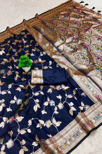 Navy Blue Color Banarasi Silk Meenakari Design Saree