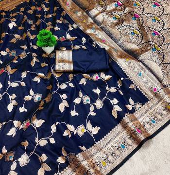 Navy Blue Color Banarasi Silk Meenakari Design Saree 2
