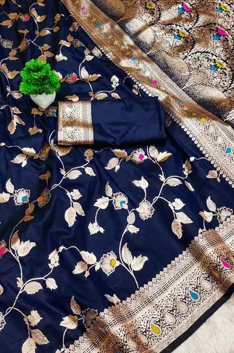 Navy Blue Color Banarasi Silk Meenakari Design Saree