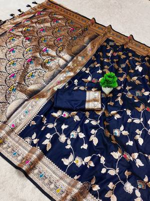 Navy Blue Color Banarasi Silk Meenakari Design Saree 3