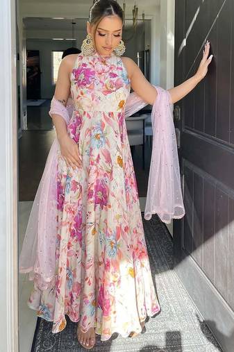 Multi colur georgette fabric digital print with pearl lace border fully stiched gown