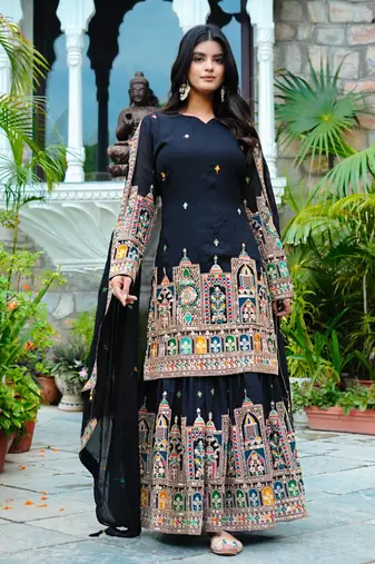 Dark blue colour chinnon silk embroidery work fully stitched sharara suit